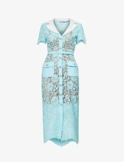 SELF PORTRAIT Floral-embroidered Collared Lace Midi Dress