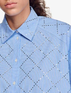 Sandro Janeiro Rhinestone-embellished Relaxed-fit Cotton Shirt -Ted Bakee Clothing Shop R04197501 BLEUS ALT04