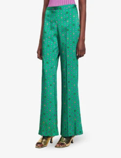 Sandro Deschamps Graphic-print Wide-leg Mid-rise Satin Trousers -Ted Bakee Clothing Shop R04197511 VERTS ALT02