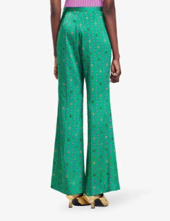 Sandro Deschamps Graphic-print Wide-leg Mid-rise Satin Trousers -Ted Bakee Clothing Shop R04197511 VERTS ALT03