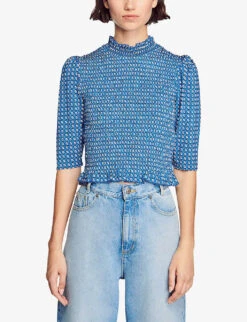 Sandro Molitor Smocked Stretch-woven Top -Ted Bakee Clothing Shop R04197712 BLEUS ALT02