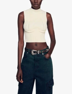 Sandro Premier Triangle-stitch Sleeveless Stretch-knit Jumper -Ted Bakee Clothing Shop R04197721 NATURELS ALT02