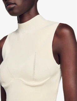 Sandro Premier Triangle-stitch Sleeveless Stretch-knit Jumper -Ted Bakee Clothing Shop R04197721 NATURELS ALT03