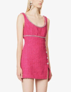 SELF PORTRAIT Button-embellished Contrast-trim Woven Mini Dress -Ted Bakee Clothing Shop R04198072 PINK ALT02