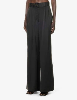 Zimmermann Buckle-embellished Wide-leg High-rise Silk Trousers -Ted Bakee Clothing Shop R04199031 BLACK ALT02