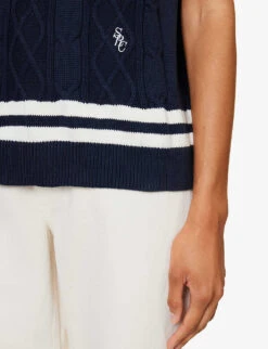 Logo-embroidered V-neck Cableknit Vest 9 Logo-embroidered V-neck Cableknit Vest -Ted Bakee Clothing Shop R04205000 NAVY ALT04